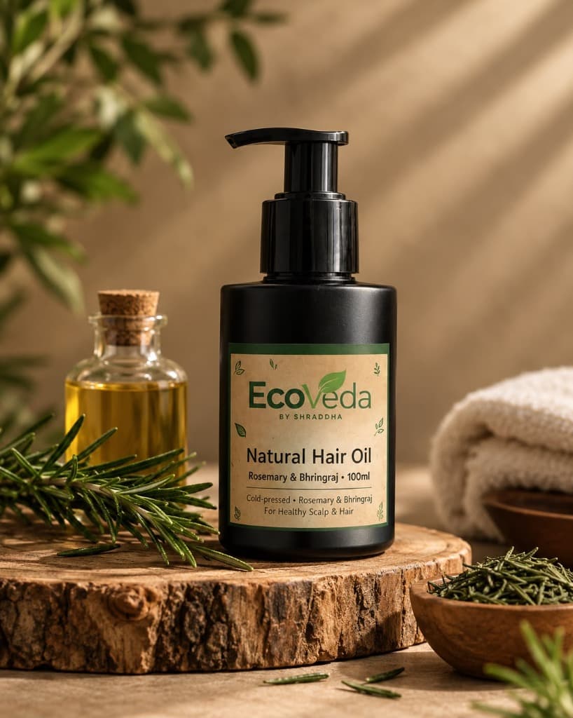 EcoVeda Natural Hair Oil Rosemary & Bhringraj 100ml on rustic wooden slice with pure rosemary botanicals