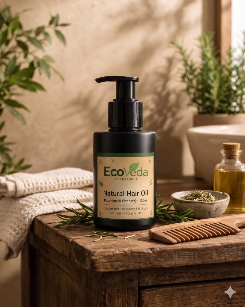 EcoVeda Natural Hair Oil with handcrafted neem detangling comb and pure rosemary botanicals